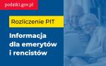 Po prawej stronie dwójka starszych osób patrzy się na ekran laptopa.Po lewej napis Rozlicznie PIT Informacja dla emerytów i rencistów. W lewym górnym rogu adres podatki.gov.pl.